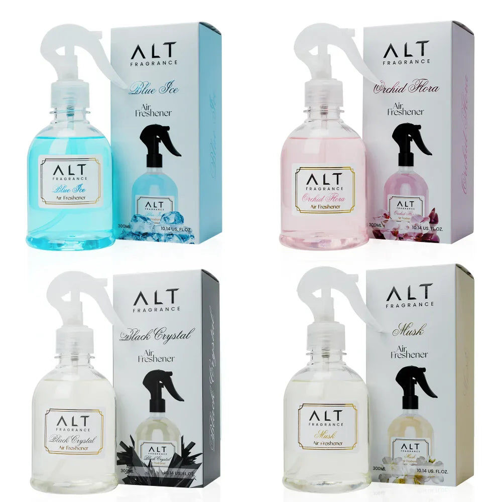 (Pack of 4)  Blue Ice, Orchid Flora,  Black Crystal & Musk - Air fresheners (300 ML x 4) Info