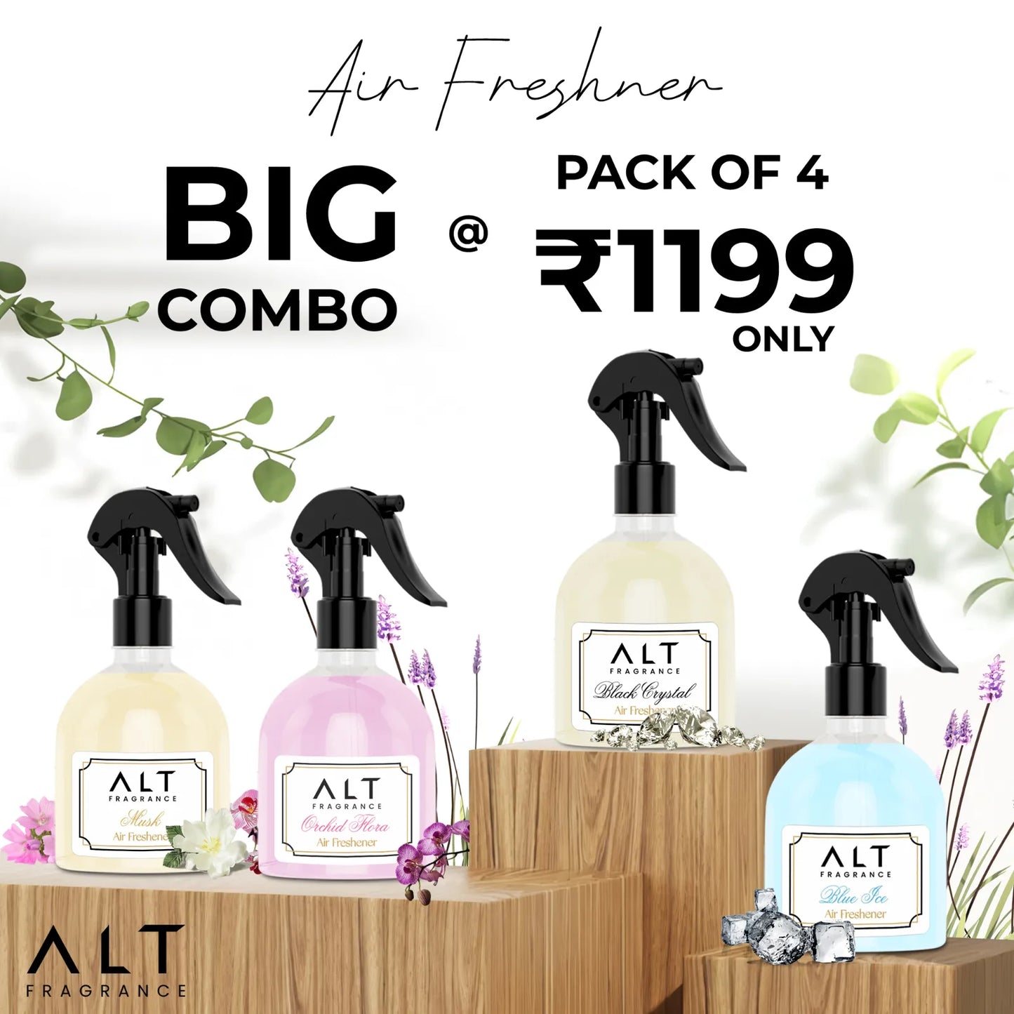 (Pack of 4)  Blue Ice, Orchid Flora,  Black Crystal & Musk - Air fresheners (300 ML x 4) Info